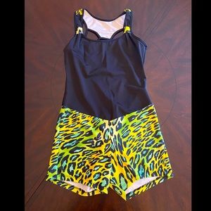 Gia-Mia Biketard Dance Costume Leotard Black with Green/Yellow Animal Print